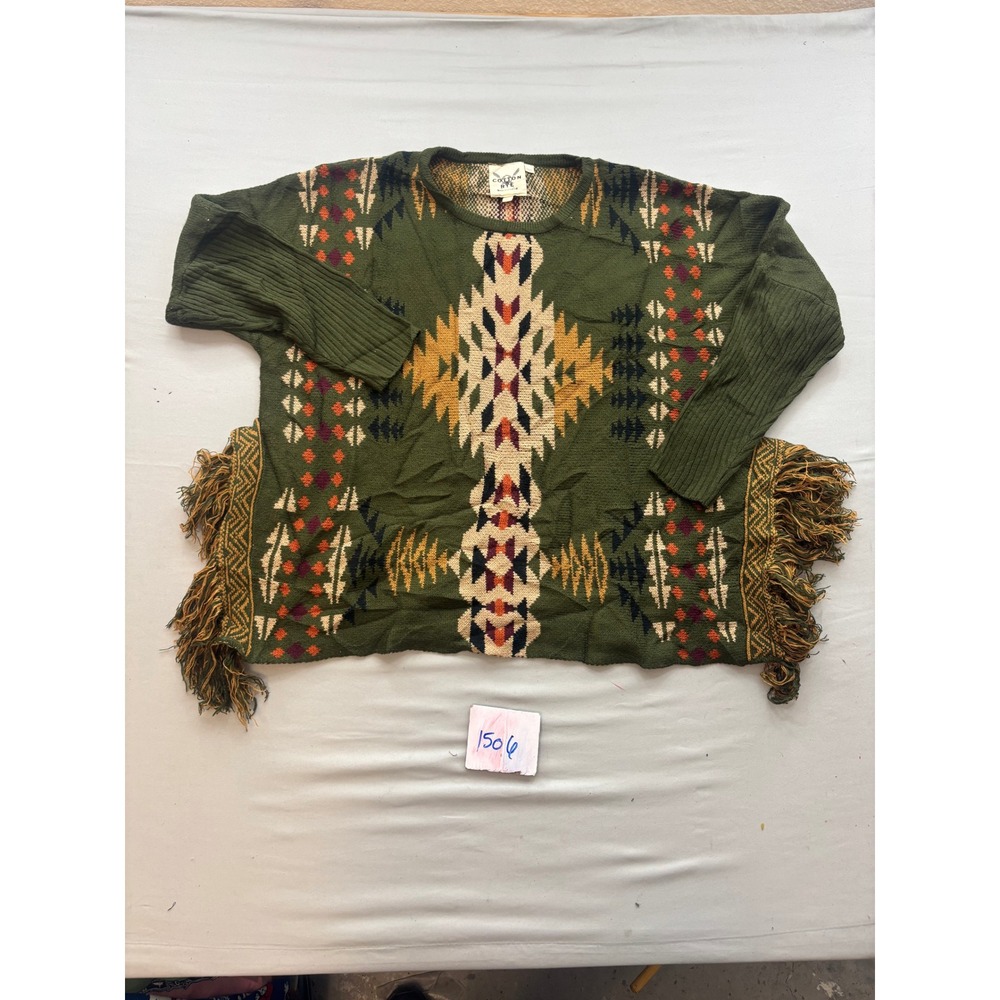 Cotton & Rye Outfitters Green Southwestern Fringe Knit Sweater Womens Large